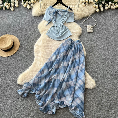 Sweetie Plaid Top & Skirt Patchwork 2Pcs