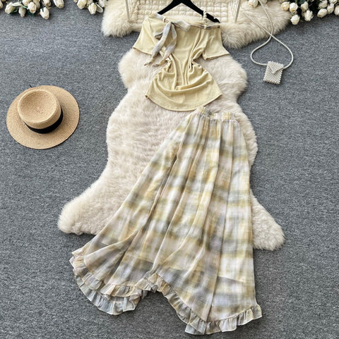 Sweetie Plaid Top & Skirt Patchwork 2Pcs