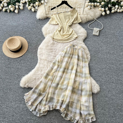 Sweetie Plaid Top & Skirt Patchwork 2Pcs