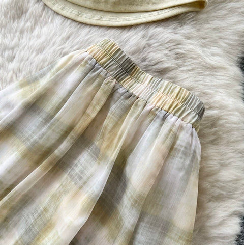 Sweetie Plaid Top & Skirt Patchwork 2Pcs