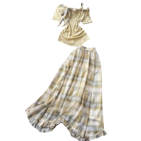Sweetie Plaid Top & Skirt Patchwork 2Pcs