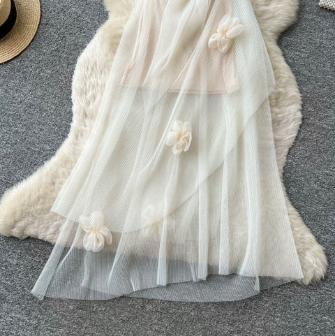 French Style Ruffled Mesh Halter Dress