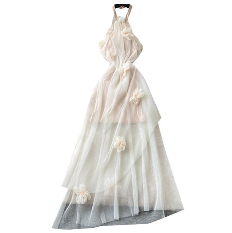 French Style Ruffled Mesh Halter Dress
