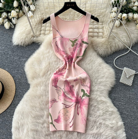 Pink Floral Print Vest Dress