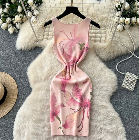 Pink Floral Print Vest Dress