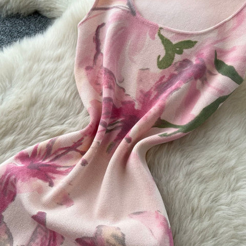 Pink Floral Print Vest Dress