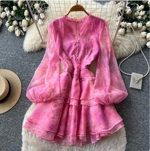 V-neck Flared Sleeve Shirt Dress