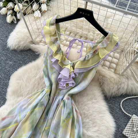 Colorful Tie-dye Lace-up Dress