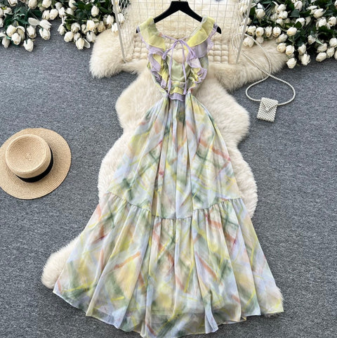 Colorful Tie-dye Lace-up Dress