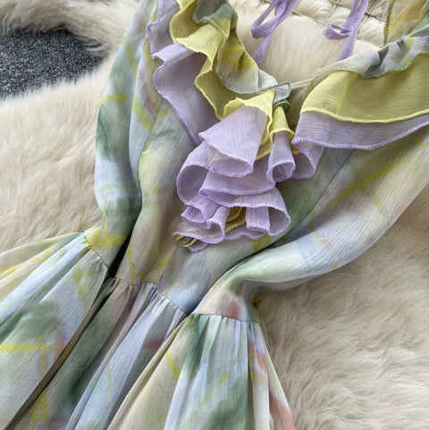 Colorful Tie-dye Lace-up Dress