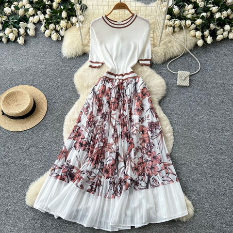 Elegant Floral Print Patchwork Dress