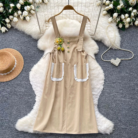 Uniform Style Lace Pocket Vest Dress