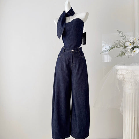 Camisole & Scarf & Trousers Chic Denim 3Pcs