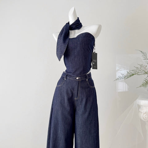 Camisole & Scarf & Trousers Chic Denim 3Pcs