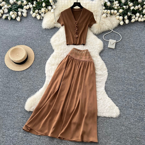 V-neck T-shirt & Skirt 2Pcs