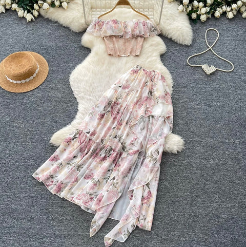Off-shoulder Top & Skirt Floral 2Pcs