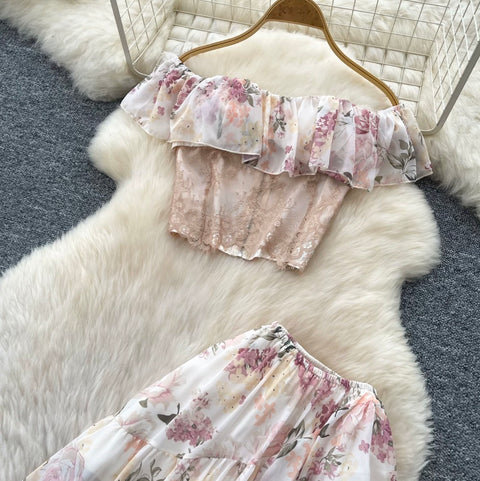 Off-shoulder Top & Skirt Floral 2Pcs