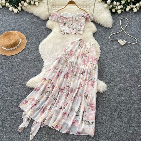 Off-shoulder Top & Skirt Floral 2Pcs