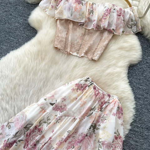 Off-shoulder Top & Skirt Floral 2Pcs