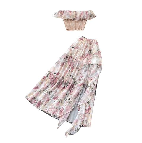Off-shoulder Top & Skirt Floral 2Pcs