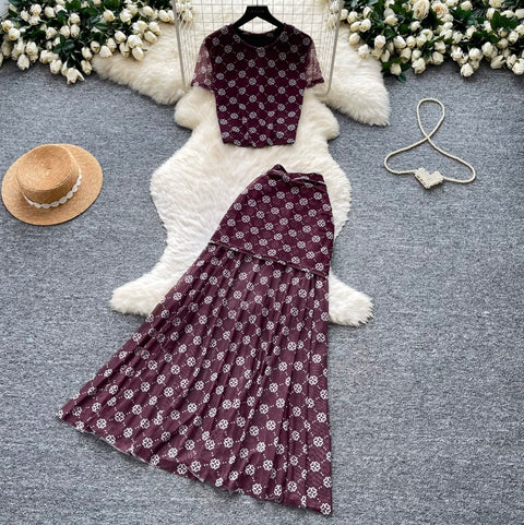 Printed Shirt & Pleated Skirt 2Pcs
