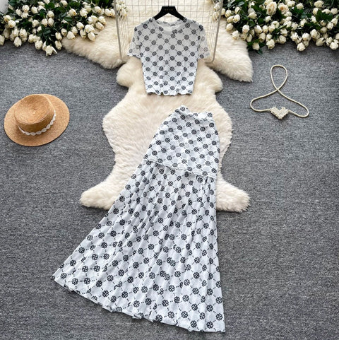 Printed Shirt & Pleated Skirt 2Pcs