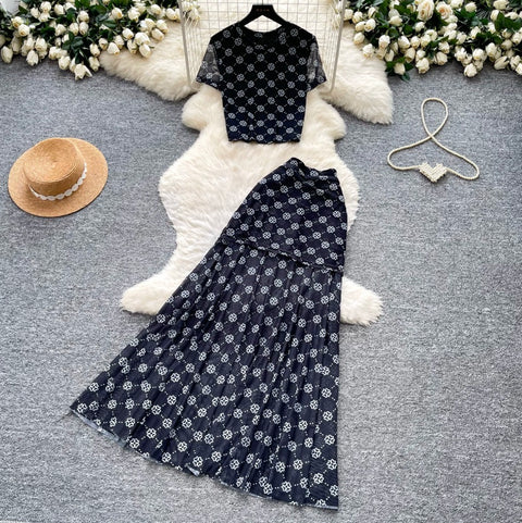 Printed Shirt & Pleated Skirt 2Pcs