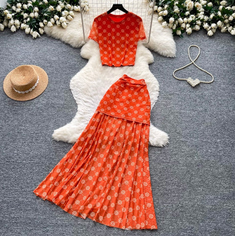 Printed Shirt & Pleated Skirt 2Pcs