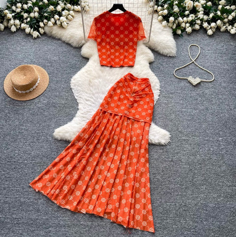 Printed Shirt & Pleated Skirt 2Pcs