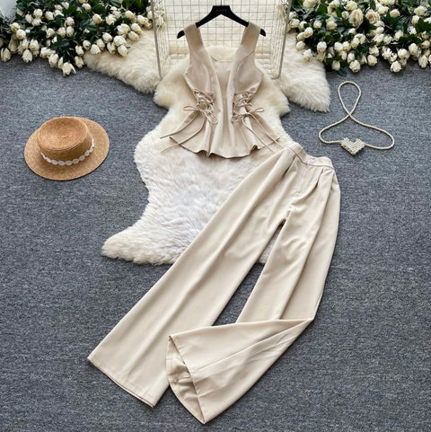 Lace-up Top & Trousers Casual 2Pcs