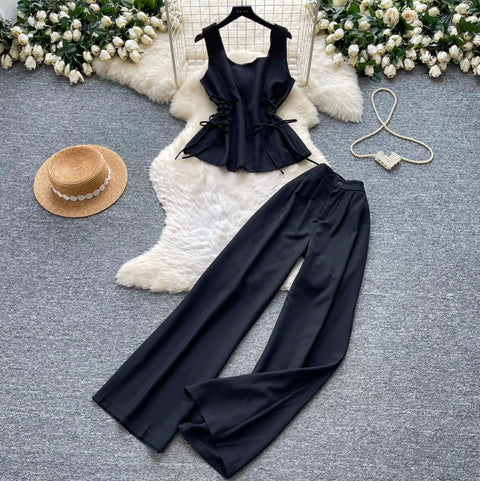 Lace-up Top & Trousers Casual 2Pcs
