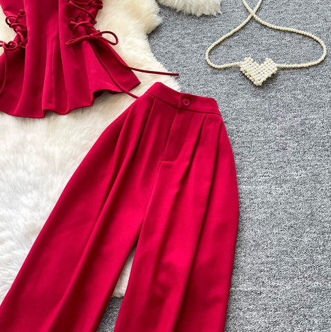 Lace-up Top & Trousers Casual 2Pcs