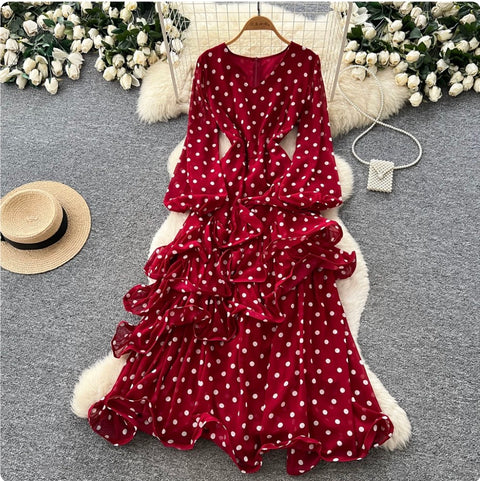 V-neck Polka Dot Ruffled Dress