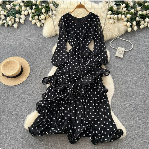 V-neck Polka Dot Ruffled Dress