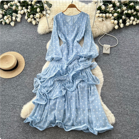 V-neck Polka Dot Ruffled Dress