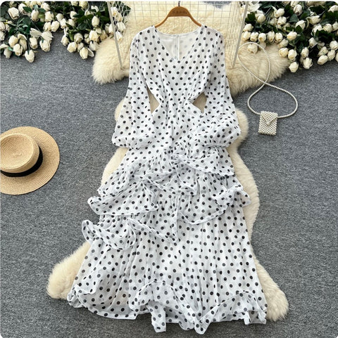 V-neck Polka Dot Ruffled Dress