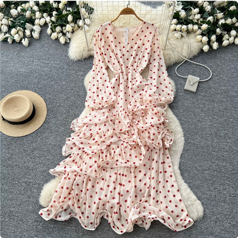 V-neck Polka Dot Ruffled Dress