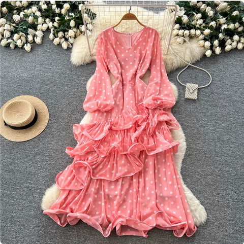 V-neck Polka Dot Ruffled Dress