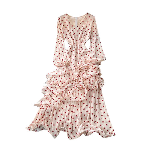 V-neck Polka Dot Ruffled Dress