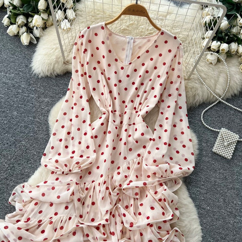 V-neck Polka Dot Ruffled Dress