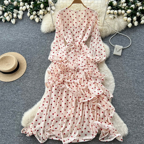 V-neck Polka Dot Ruffled Dress