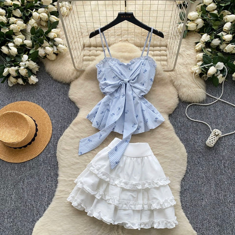 Plaid Camisole & White Skirt 2Pcs