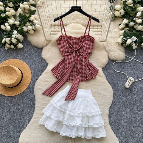 Plaid Camisole & White Skirt 2Pcs