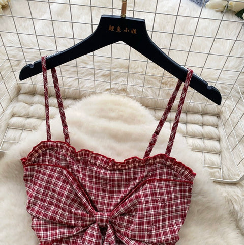 Plaid Camisole & White Skirt 2Pcs