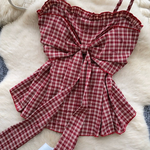 Plaid Camisole & White Skirt 2Pcs