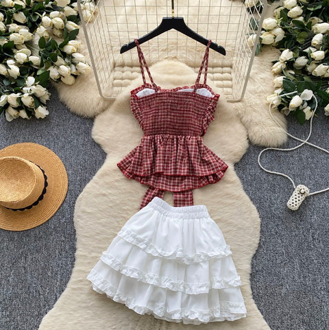 Plaid Camisole & White Skirt 2Pcs