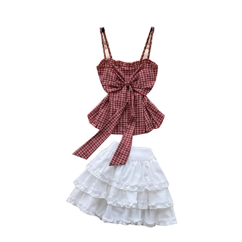 Plaid Camisole & White Skirt 2Pcs