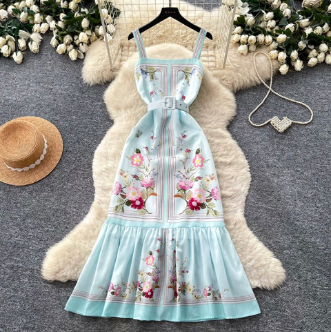 Mint Floral Print Vest Dress