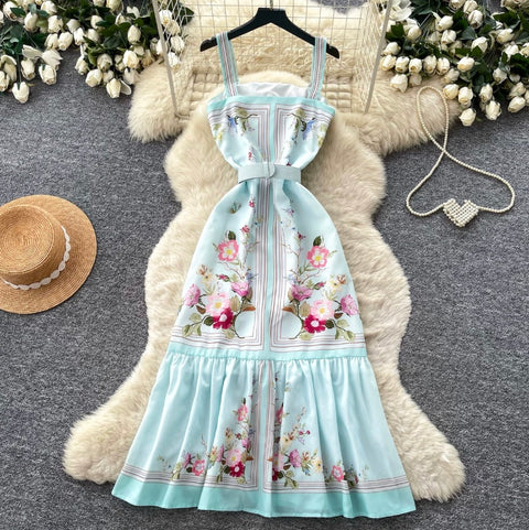 Mint Floral Print Vest Dress