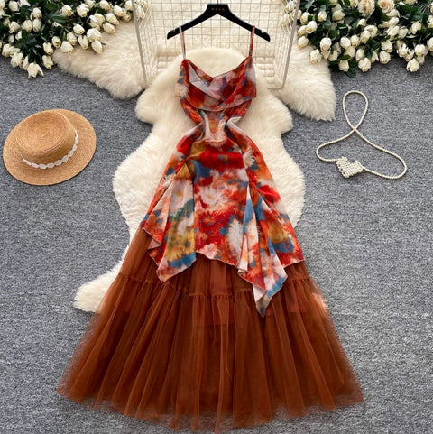 Tie-dye Print Mesh Slip Dress